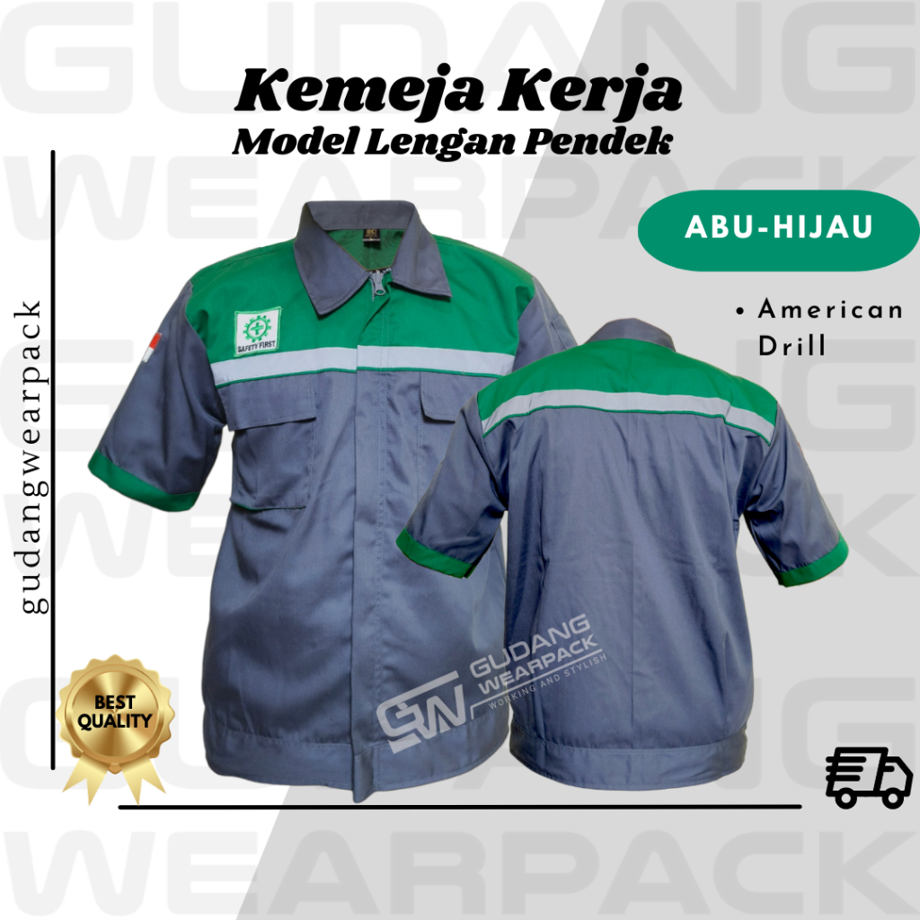 Gudang Wearpack - Kemeja Kerja Seragam Proyek Lengan Pendek Warna Abu Hijau