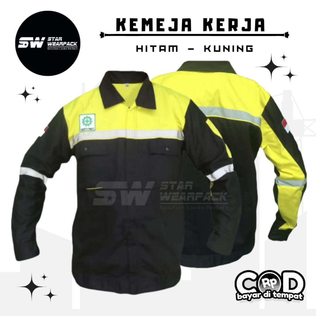 Star Wearpack - Kemeja Kerja Proyek Model Resleting Warna Hitam Kombinasi Kuning Lengan Panjang