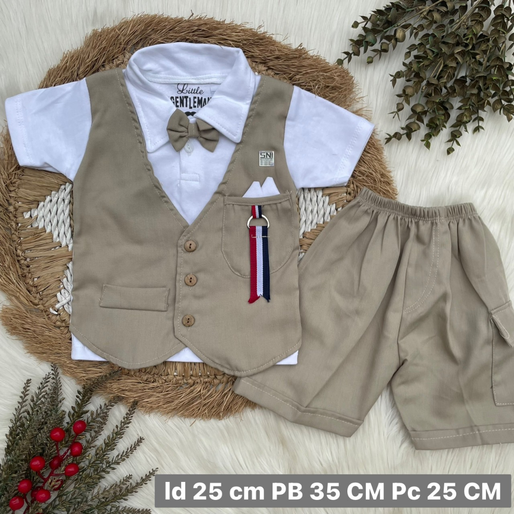 Baju Setelan bayi laki laki 0-8 bulan motif keren pergi kondangan ootd tuxedo Rompi nyambung