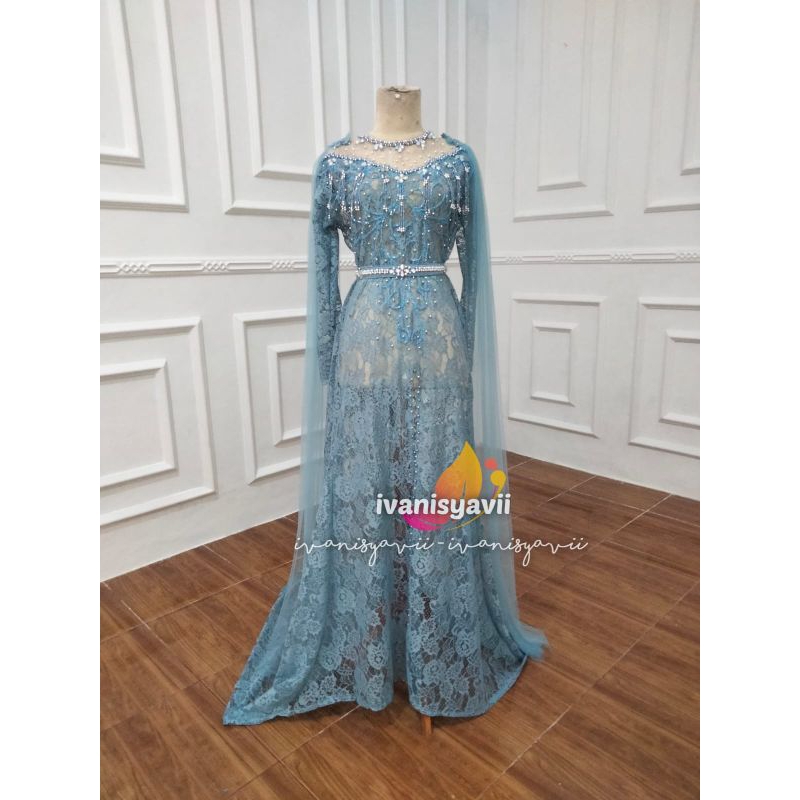 Kebaya Pengantin Cantik / Broklat Ekor Panjang + Slayer - Biru Denim