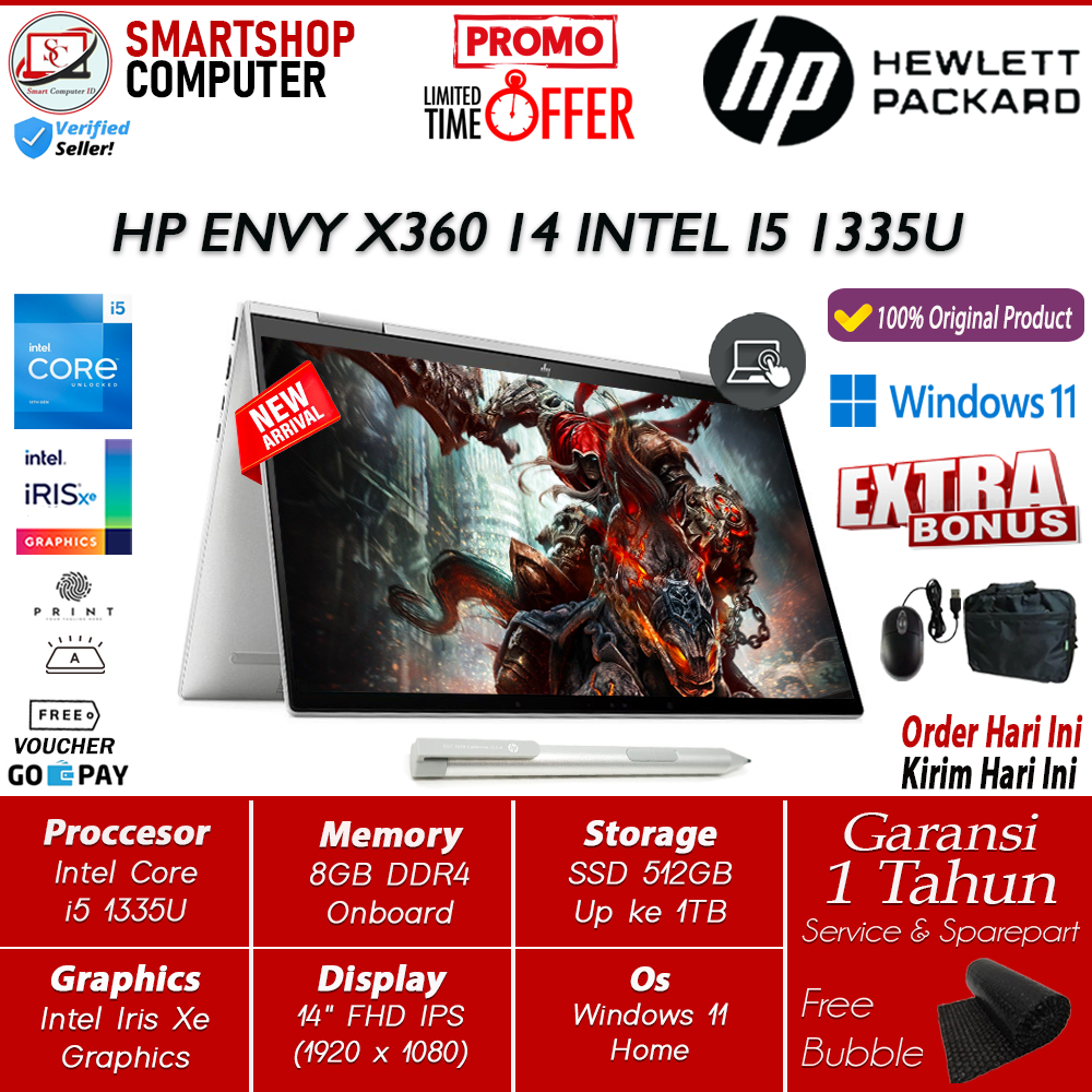 LAPTOP HP ENVY X360 14 CORE I5 1335U 8GB 512GB IRIS XE 14 FHD IPS WIN11 TOUCHSCREEN