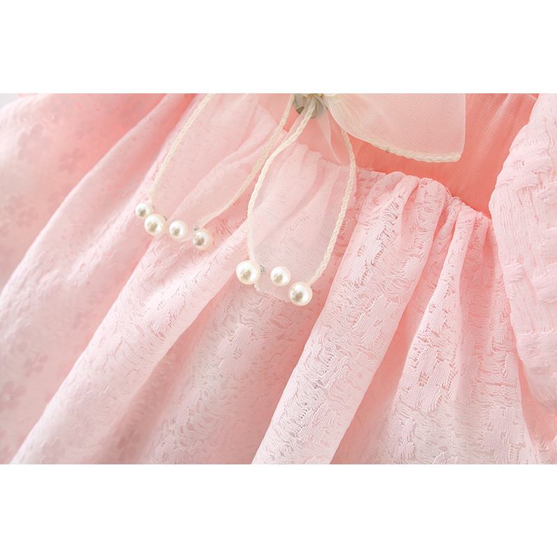 Dress Brokat Anak Import Gaun Pesta Mini Lengan Balon Soft Pink Peach