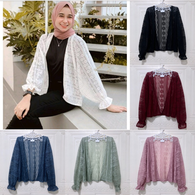 Lace outer brukat lengan kerut / cardigan crop wanita termurah