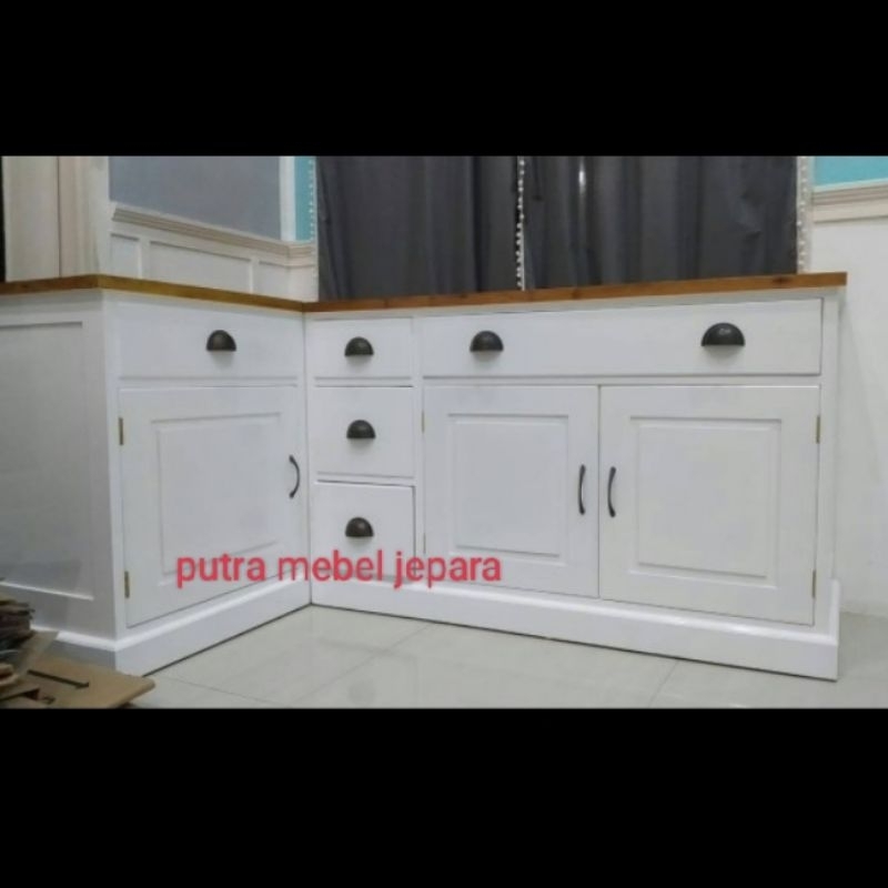 kitchen set minimalis model L kayu jati cat Duco