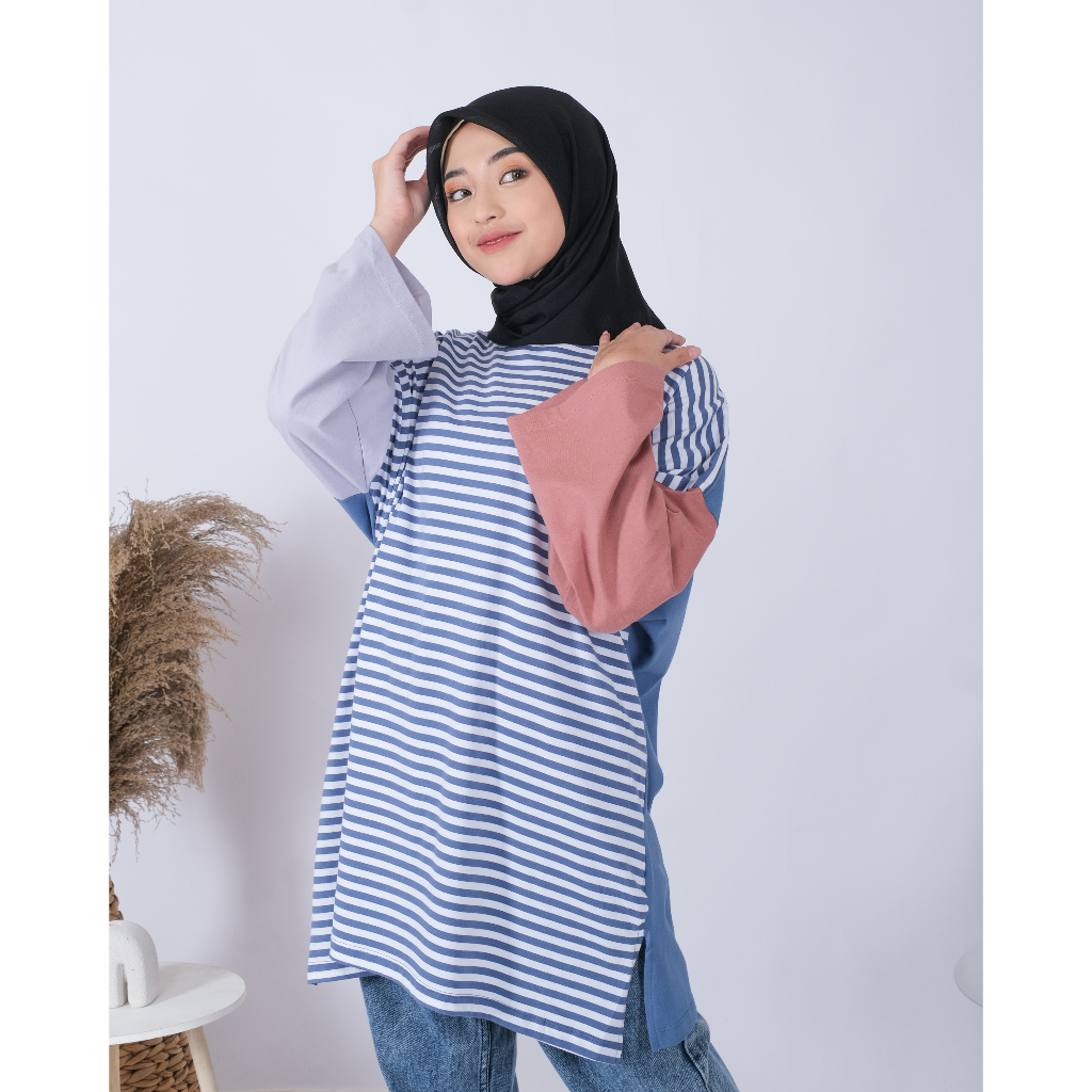 [CYC | COD] REAPICT | Kaos Oversize Stripe Belva Tunik XXL | Cotton Combed | Atasan Trend Wanita Murah Best Seller