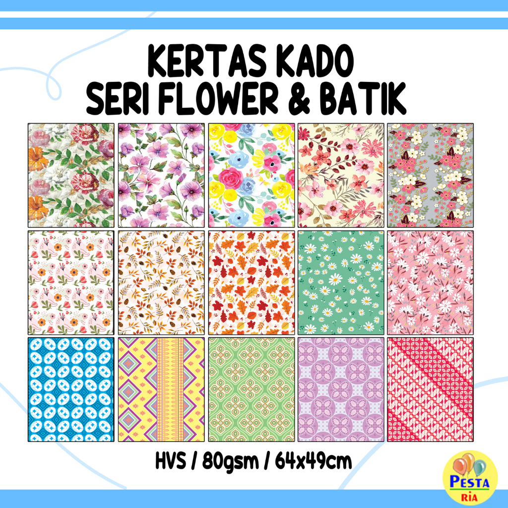 

Murah!! 50 Lembar Kertas Kado Flower, kertas kado MOtif BUNGA, bungkus kado batik, kertas kado setara sanwa sansan wawa