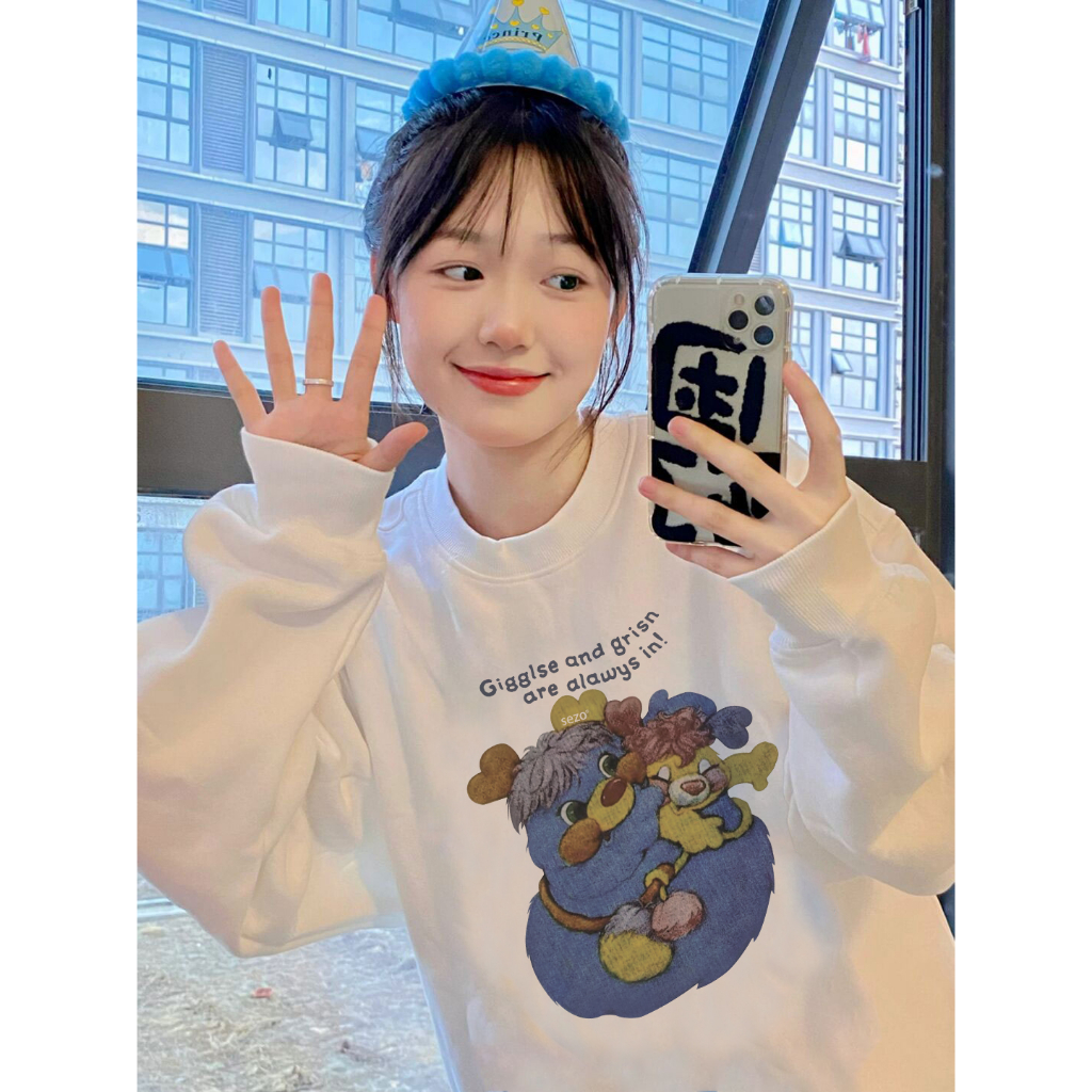 EUNII Sweater Lengan Panjang Cartoon Funny Bear Printing Korean Style/Sweater Crop/Baju Wanita/Switer Wanita/Switer