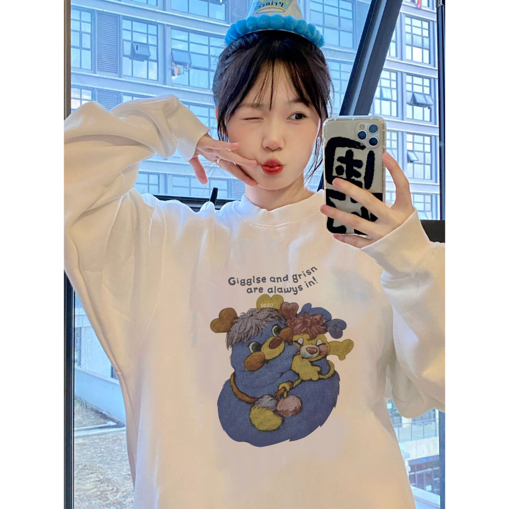 EUNII Sweater Lengan Panjang Cartoon Funny Bear Printing Korean Style/Sweater Crop/Baju Wanita/Switer Wanita/Switer