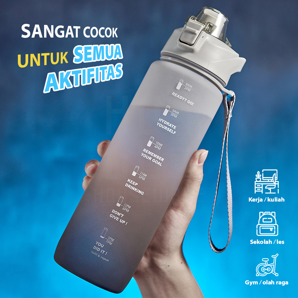 HUGO Botol Minum 1 Liter Tutup Flip Botol Air Motivasi 1000ml Premium Anti Bocor BPA FREE