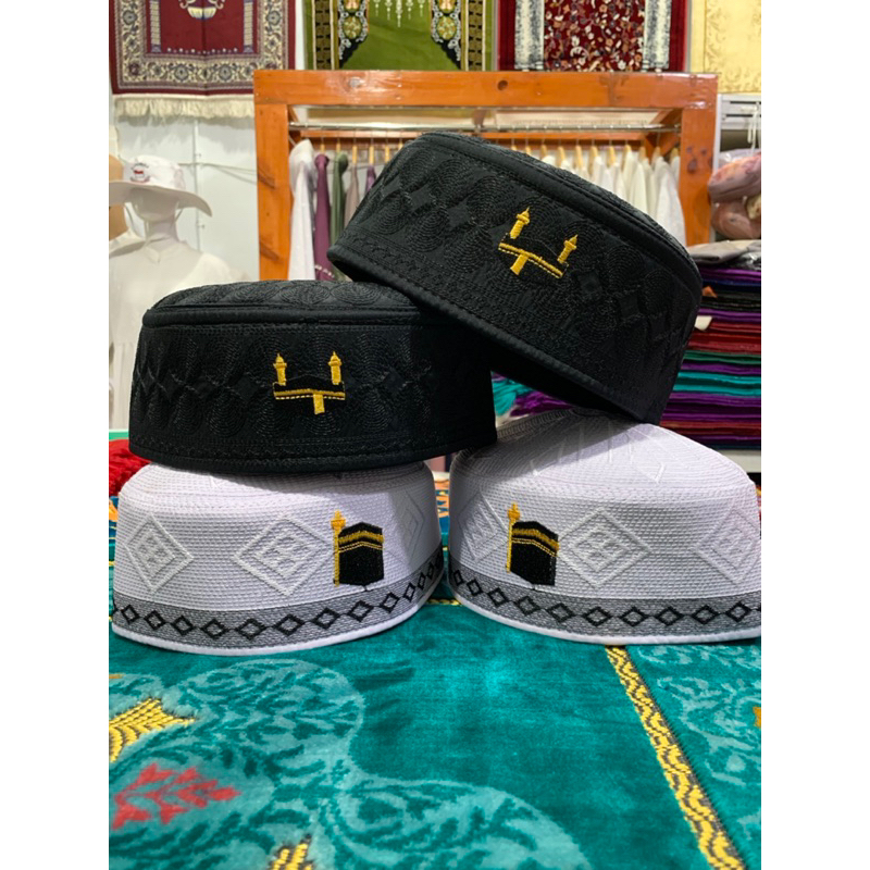 Kopiah / Lobe Haji Umroh Putih Dan Hitam Logo Ka'bah | Peci Songkok Motif Kabah Bordir Premium