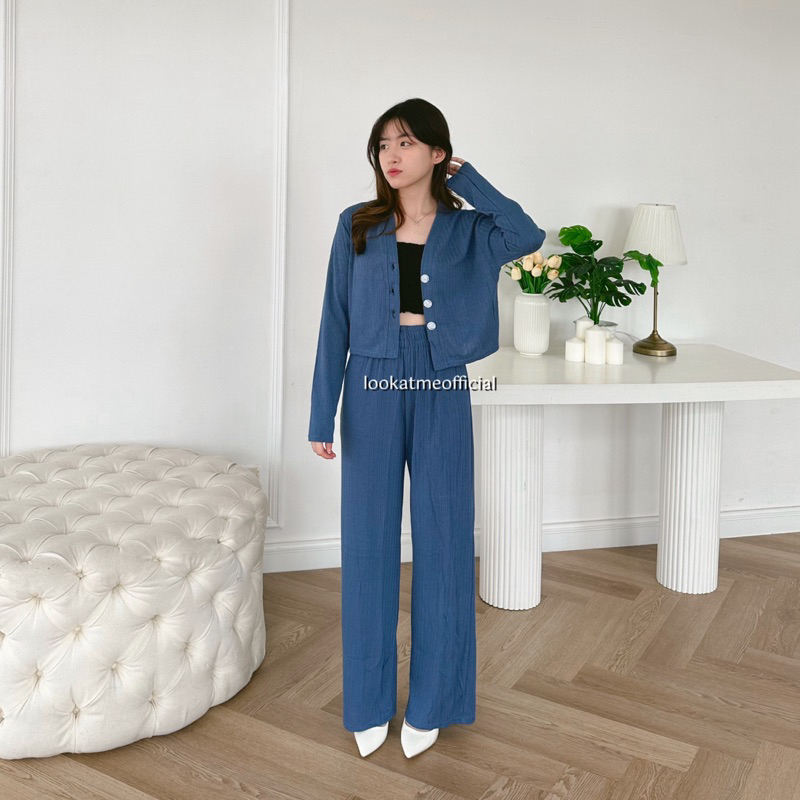 Lookatmeofficial • Set Casey Premium Knit (Cardi+Pants) / Setelan Wanita Crop dan Celana Kulot