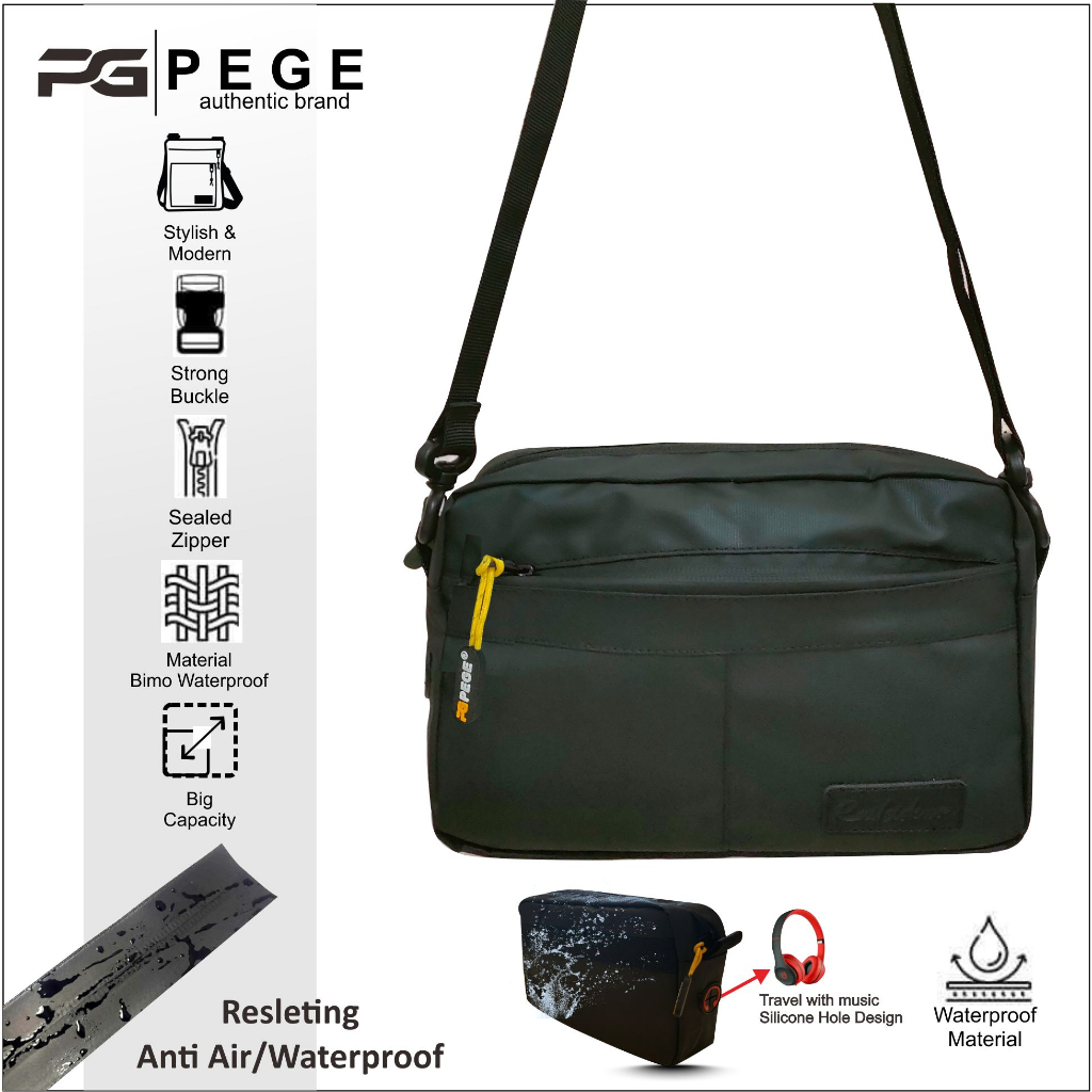 Tas Selempang Pria PEGE Thory Model 2in1 Bahan Waterproof AntiAir Model Polos Kasual - PG 8966