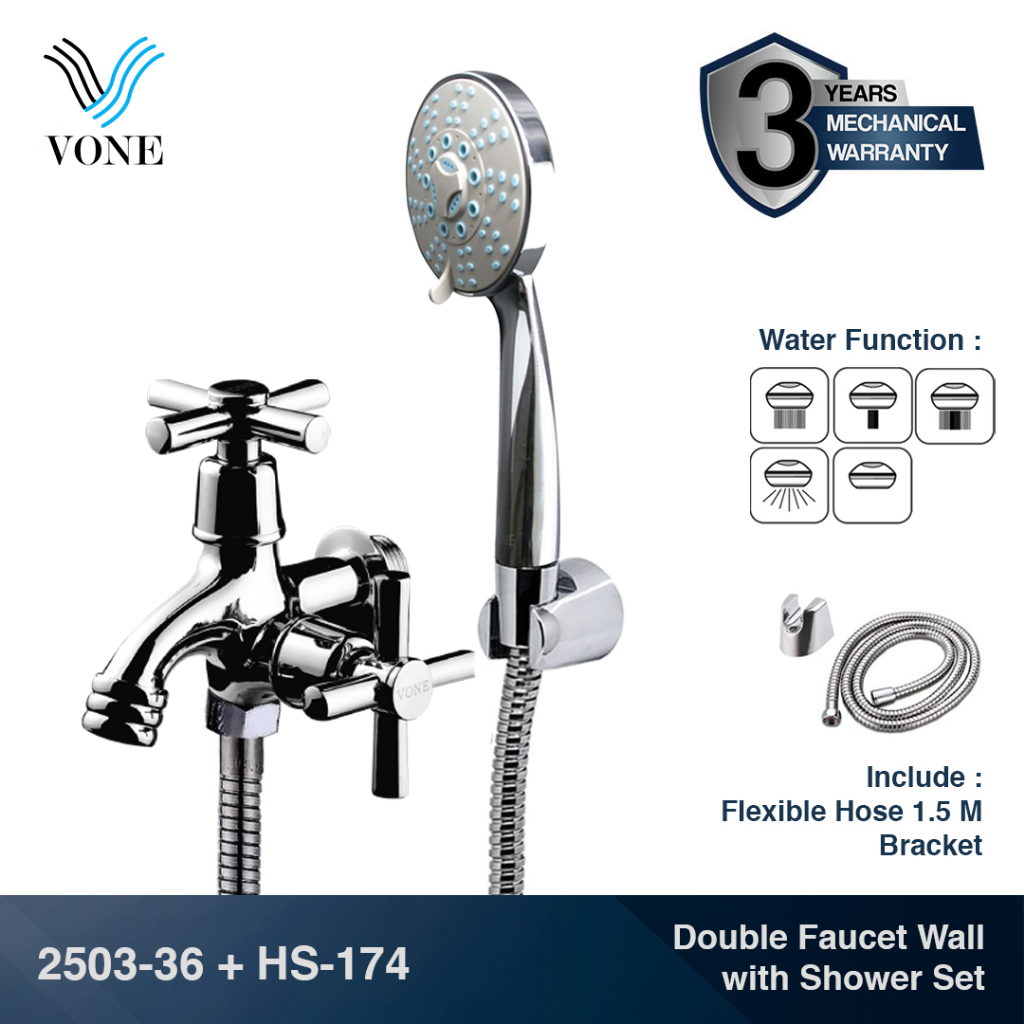 VONE 2503-36 + HS-174 Set Keran Kran Air Cabang Tembok Kepala Shower