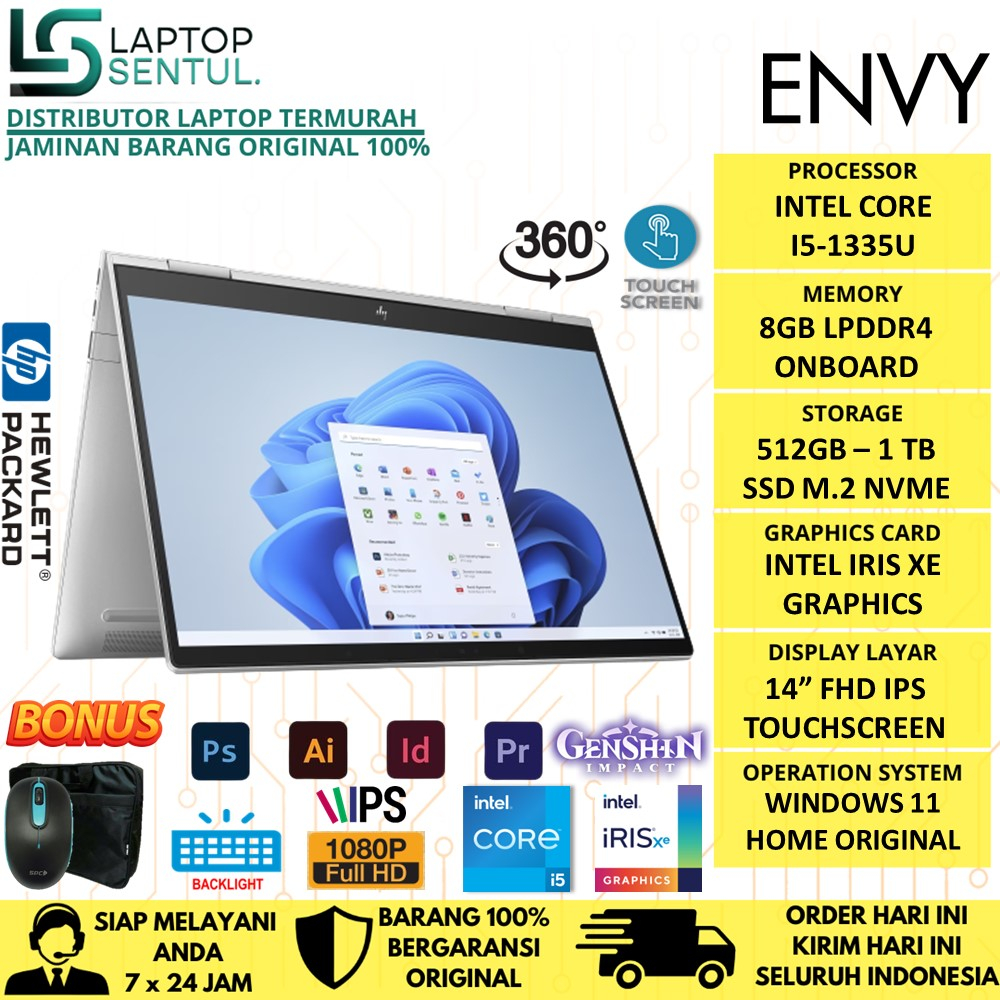 Laptop Touchscreen Hp Envy X360 14 INTEL CORE i5 GEN13 1335U RAM 8GB SSD 512GB FHD TOUCH BACKLIT WINDOWS 11 TERLARIS