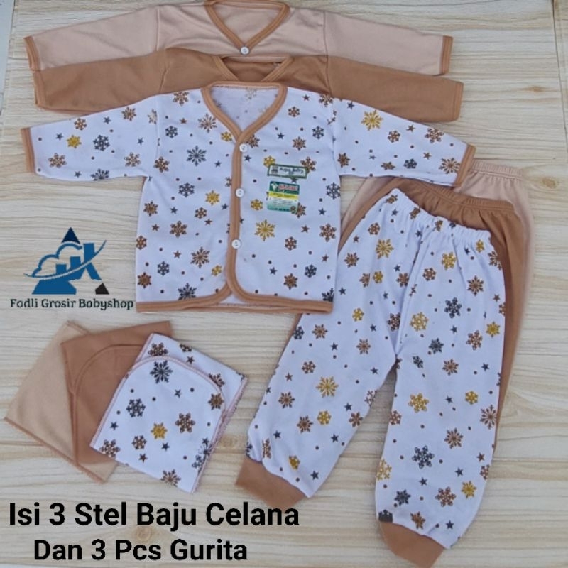 3 Setel Baju Celana Bayi Lengan Panjang Dan 3 Pcs Gurita Bayi Newborn Motif Coklat Terbaru
