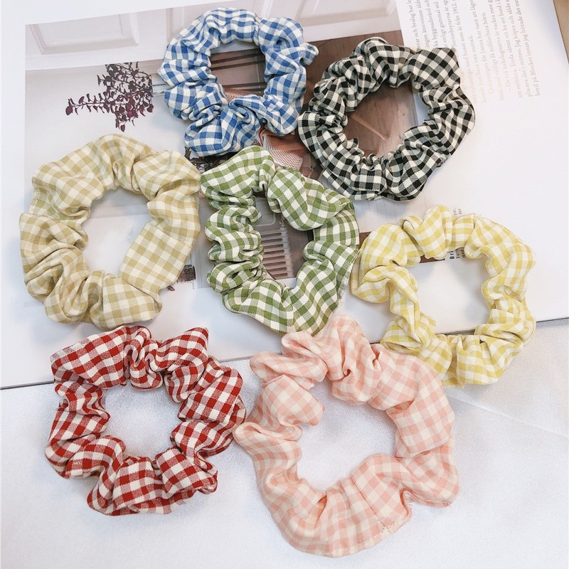 EryoneStore Ikat Rambut SCRUNCHIE Korea Motif KOTAK/ Kunciran Rambut Model Korean / Ikat Rambut Cepol Korea