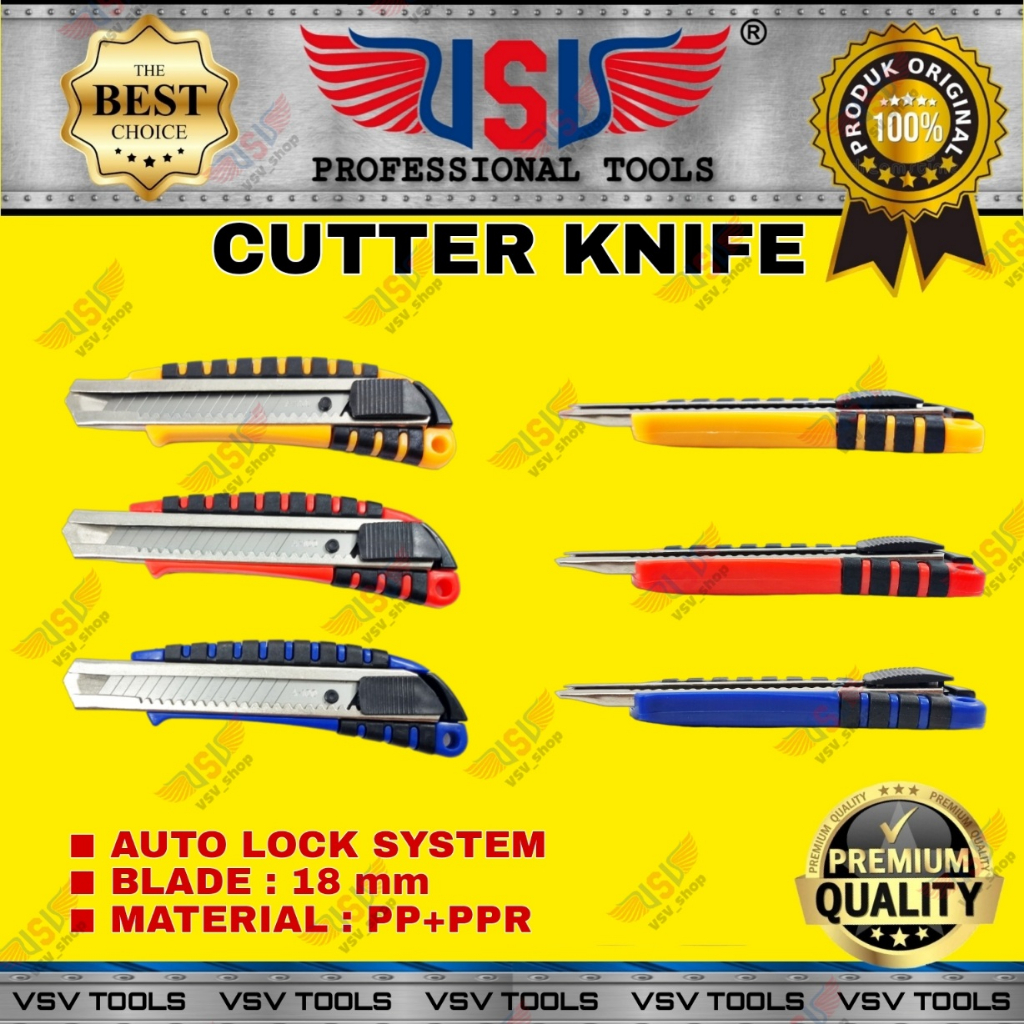 Cutter Besar Pisau Cutter 18mm Bahan PP Cutter Knife Auto-Lock VSV HS-07