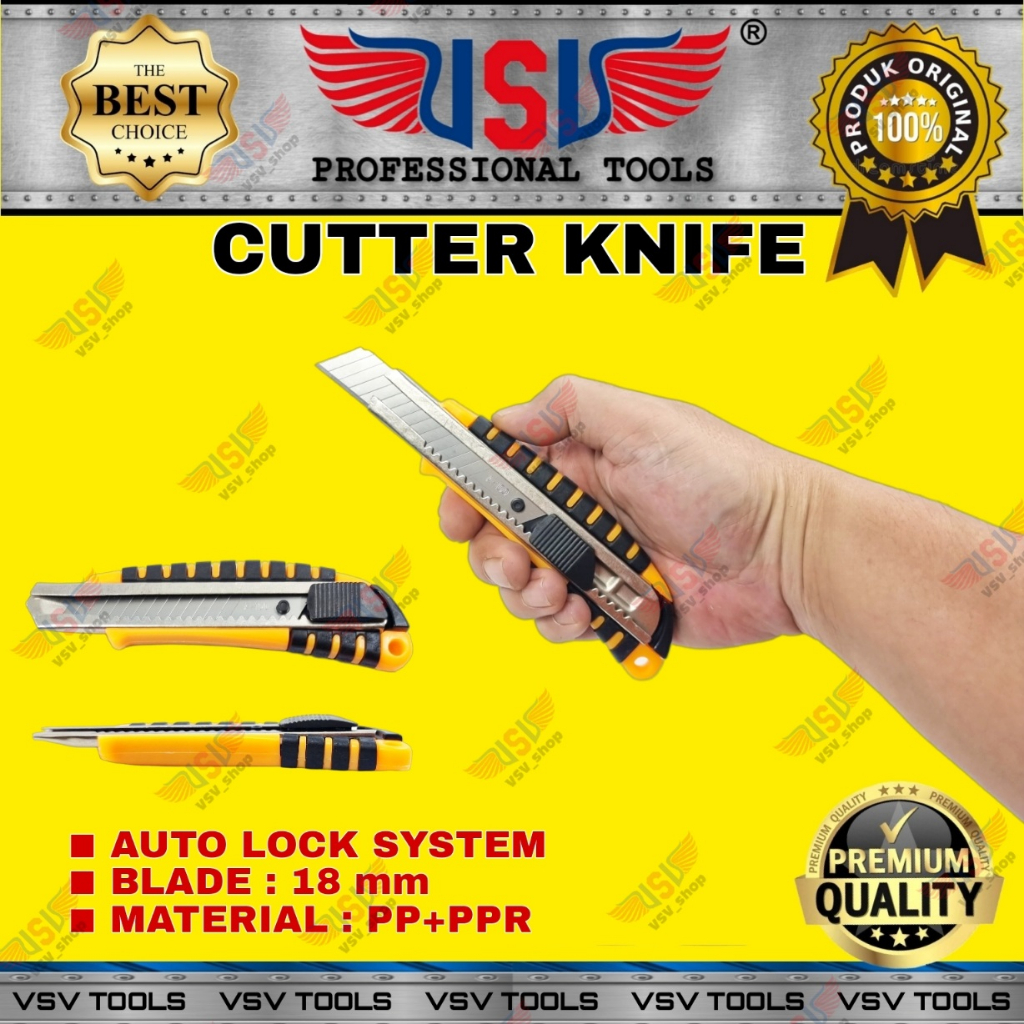 Cutter Besar Pisau Cutter 18mm Bahan PP Cutter Knife Auto-Lock VSV HS-07