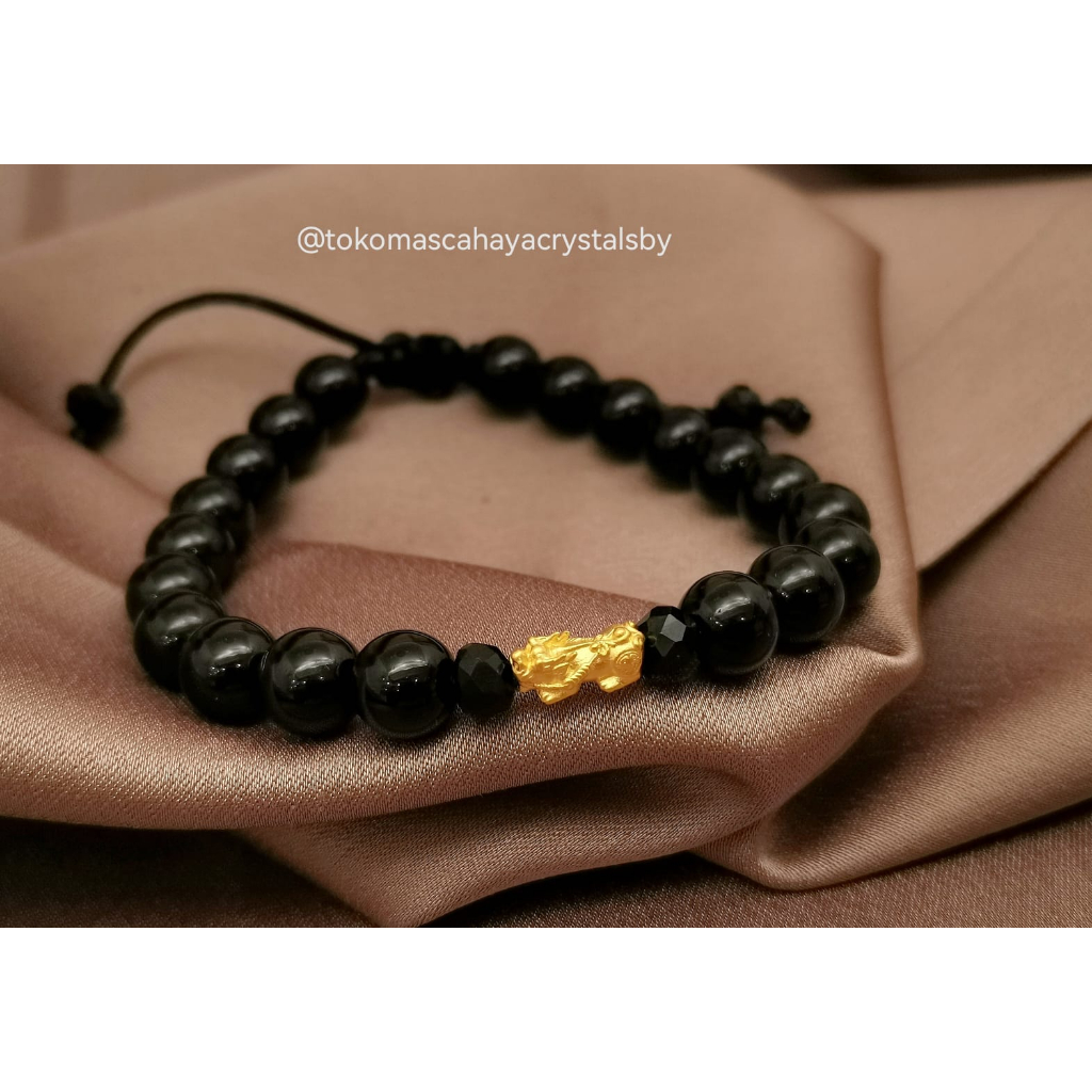 Gelang Pixiu / Jilin / Naga Emas Kadar 24k HK Hongkong 999.9% 9999 &amp; Gelang Batu 8mm (Biasa / Serut)