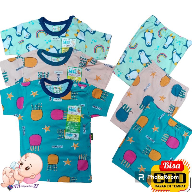 3PASANG MOM'S GIFT AQUATIC ANIMAL SERIES Setelan Baju Bayi Lengan Pendek Celana Pendek Ukuran S M L XL SNI Murah Nyaman Berkualitas