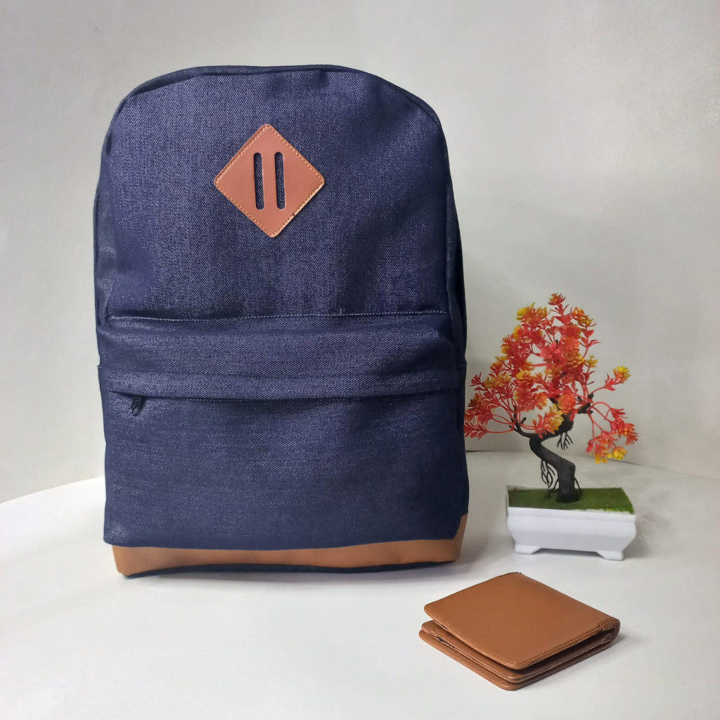 Tas Ransel Pria Distro Jeans Tas punggung cowo Tas Sekolah ransel Polos biru Besar Denim