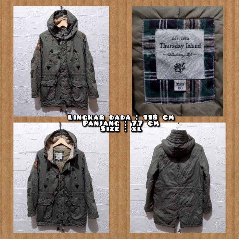 Jaket Parka Tebal Merk Thursday Island Warna Hijau Army Second Original.