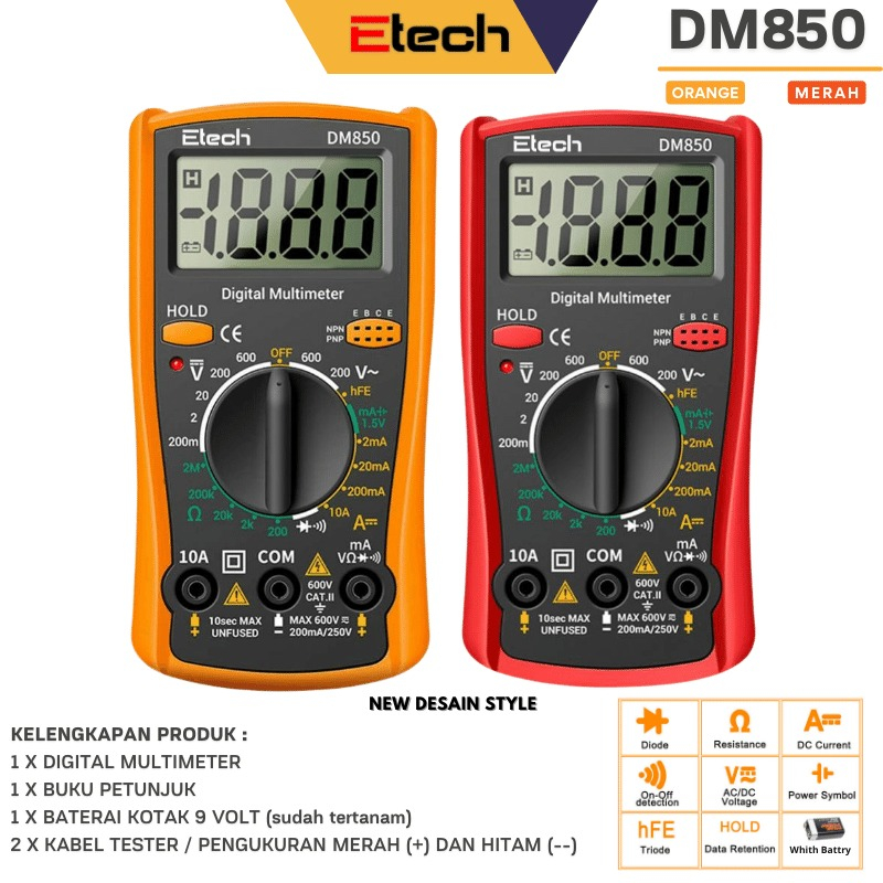 GRATIS BATRE l Etech DM850 Digital Multimeter Voltage Tester AC DC With LCD/Multitester Multimeter Digital ETECH DM850 Multimeter Portabel AC DC Tester Volt Voltmeter Ammeter Ohm Voltase Saat Ini Perlawanan Frekuensi Meter