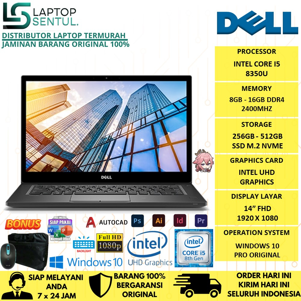 LAPTOP SLIM DELL LATITUDE 14 7490 INTEL I5 8350U RAM 16GB SSD 512GB FHD WINDOWS 10 PRO ORIGINAL