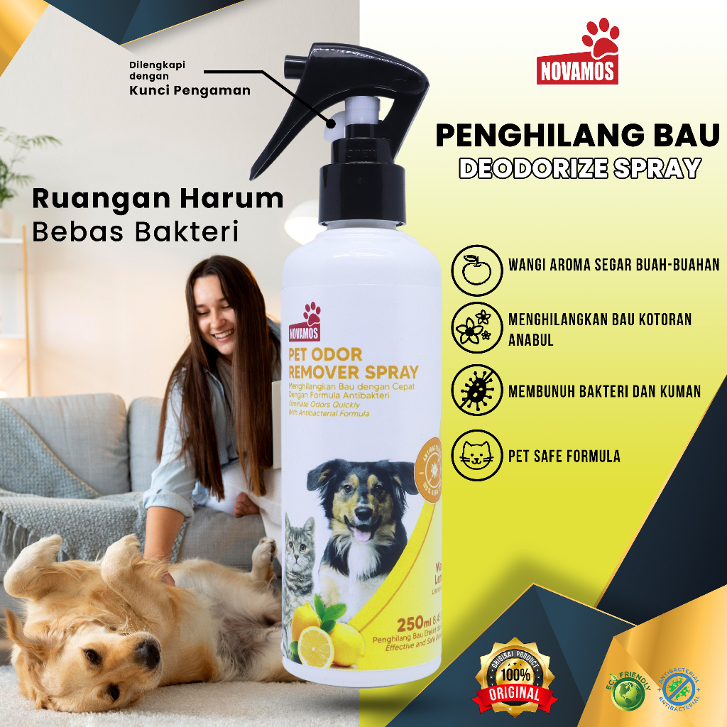 NOVAMOS Penghilang Bau Kotoran Kucing &amp; Anjing Spray - Wangi Lemon