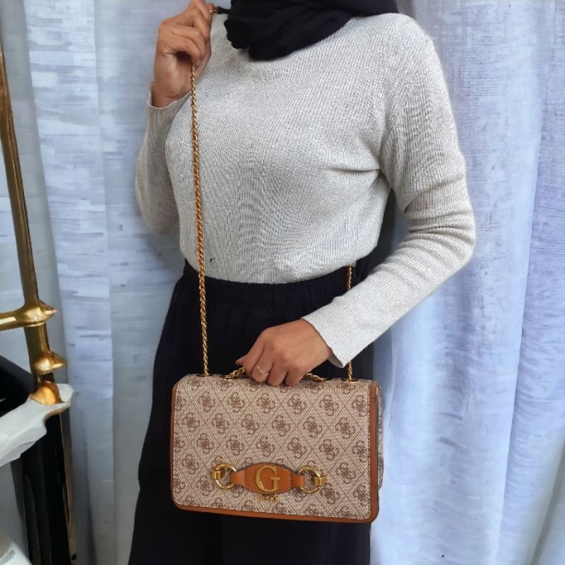 (WODB) Tas izzy convertible brown black logo beige white selempang shoulder pundak jinjing clutch bag tas pesta fashion batik ready stock cirebon indramayu kuningan majalengka losari ciledug sindang laut tegal brebes gs gb feminim