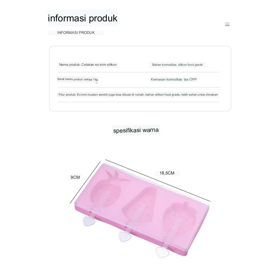 Tempat Alat Cetakan Es Krim 3 Cute Hole Silicone Mold Dessert with 50 Popsicle Sticks / Cetakan Coklat Valentine / Cetakan Es Batu Ice Cube Tray Lucu Anak Berkualitas Food Grade