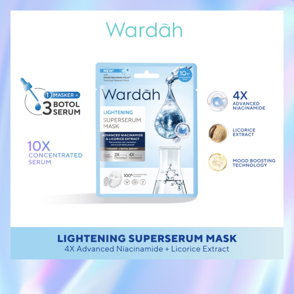 WARDAH Superserum Mask Lightening &amp; Acnederm Indonesia / Masker Wajah Paket 1 Set isi 2 Pcs x 20ml / Advanced Niacinamide &amp; Licorice Extract / Salicylic Acid &amp; Tea Tree Oil / Skincare Series / Bundle / Crystal Secrets C-Defence Perfect Bright Nature Daily