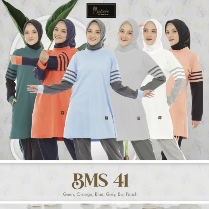 Setelan Baju Olahraga Muslimah Believe BMS 41 (Peach, Green, Grey, Orange, Blue, Broken White)