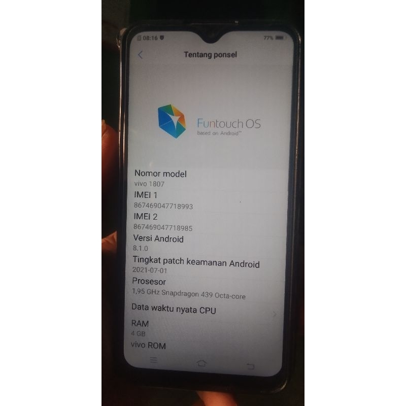 hp second vivo y95/model 1807 ram 4/32 normal