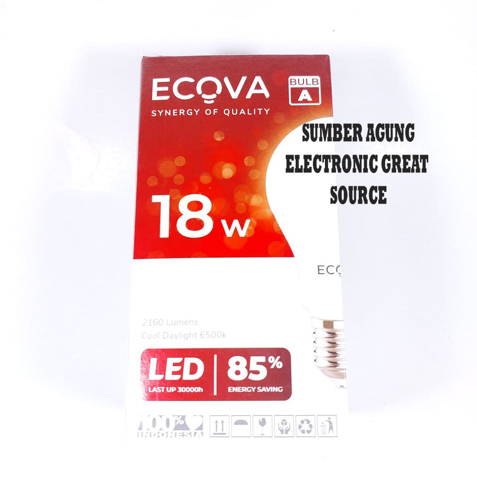 Ecova Bulb A 18W 18 Watt 6500K Cahaya Putih Lampu LED Bulat Terang Bergaransi