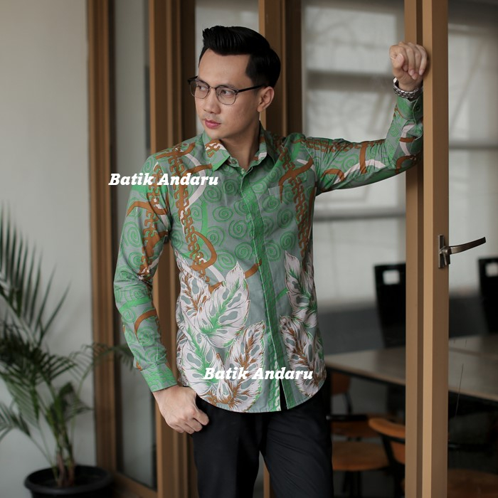 Baju  Kemeja Batik Pria Cowok Laki Slimfit Lengan Panjang Modern Heem Premium Warna Hijau Tosca