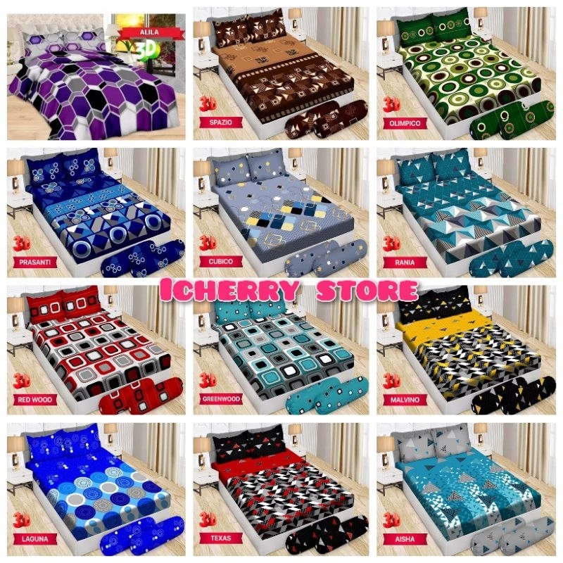 Set 3in1 Sprei Bonita Disperse 3D Bantal 4 B4 King 180x200 Motif Alila, Cubico, Malvino, Olimpico, R