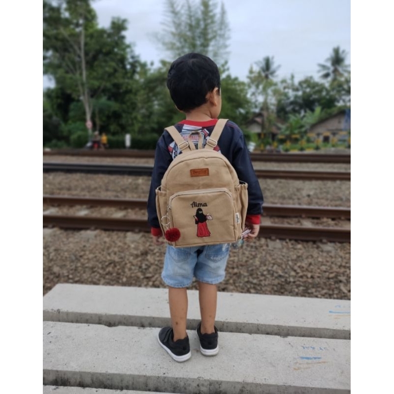 Baglist Tas Anak PAUD TK ransel backpack kids cream khaki polos kanvas