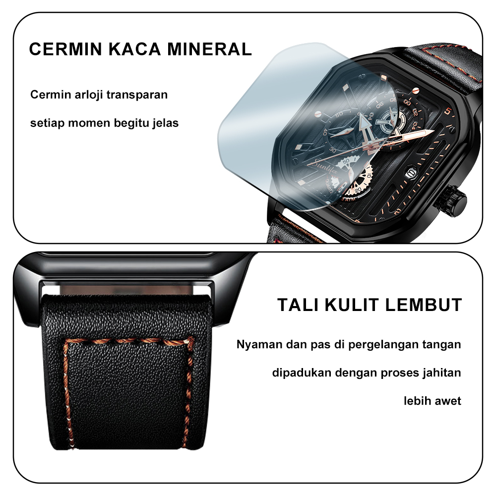 Sunlifex Jam Tangan Pria 9095 Kuarsa Olahraga Kasual Tali Kulit Pria Jam Tangan Cowok-3