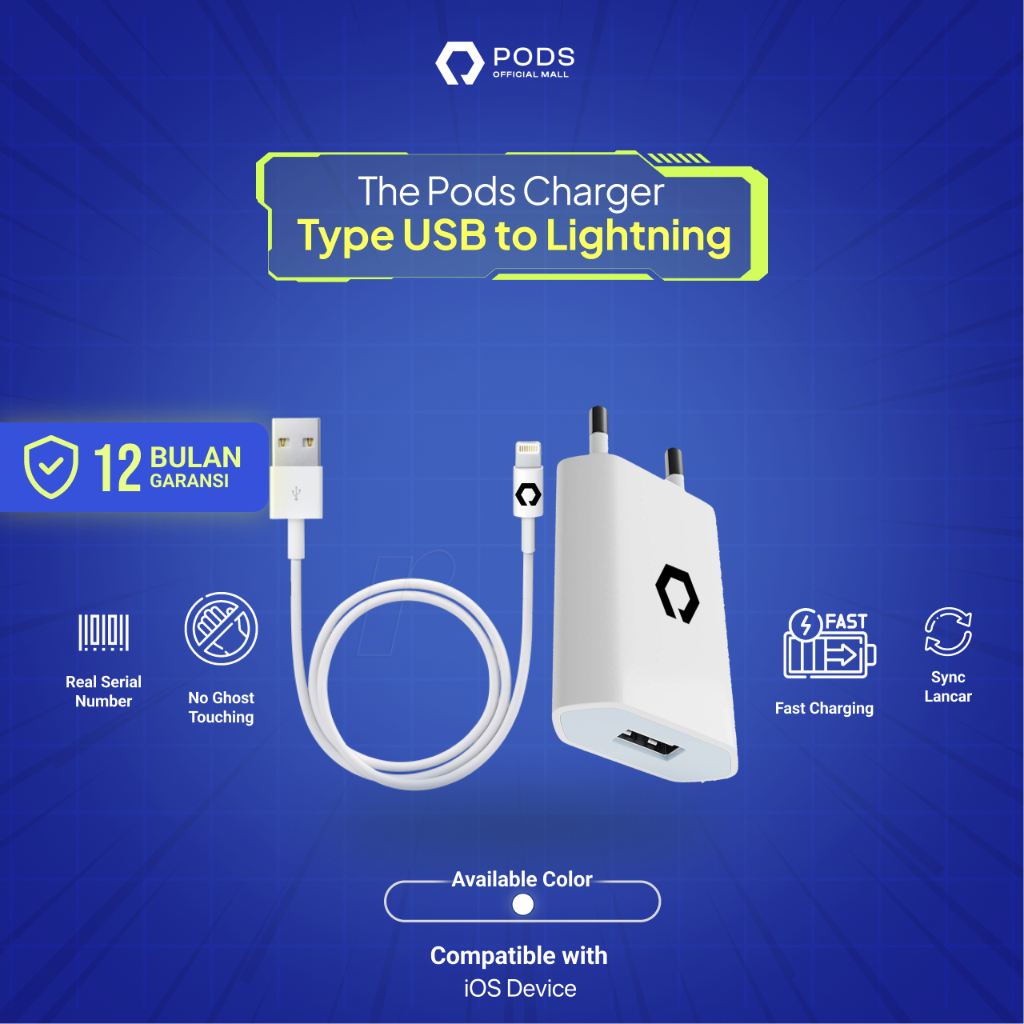 CHARGER 20W Fast Charging - USB to Lightning [Fullset Cable + Adaptor] By Pods Indonesiaaa