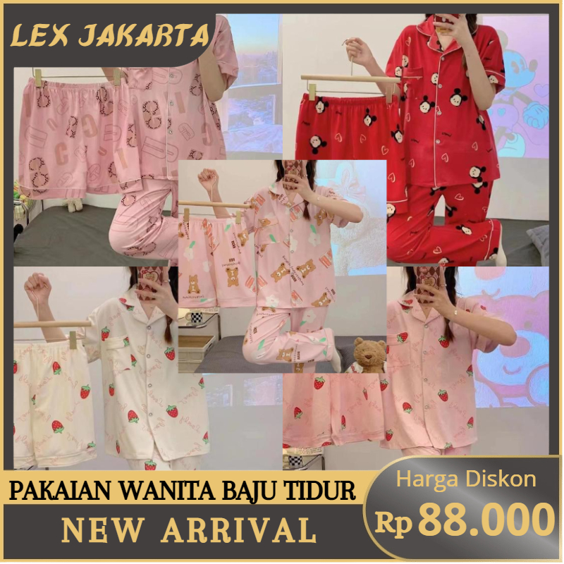 LEXJAKARTA B19 - PAKAIAN WANITA BAJU TIDUR 3 IN 1 WANITA PIYAMA SET LENGAN PENDEK CELANA PANJANG DAN PENDEK MOTIF KARTUN LUCU SETELAN TIDUR PAKAIAN RUMAH WANITA