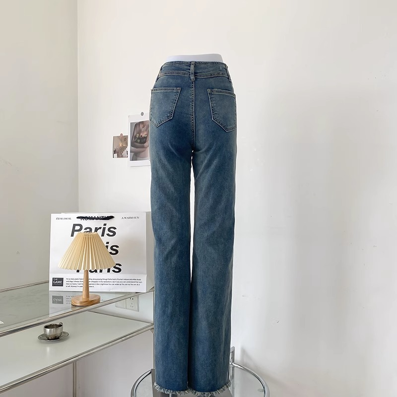 Jeans wanita model baru korea musim hujan flared jeans high waist slim fit slim fit raw edge