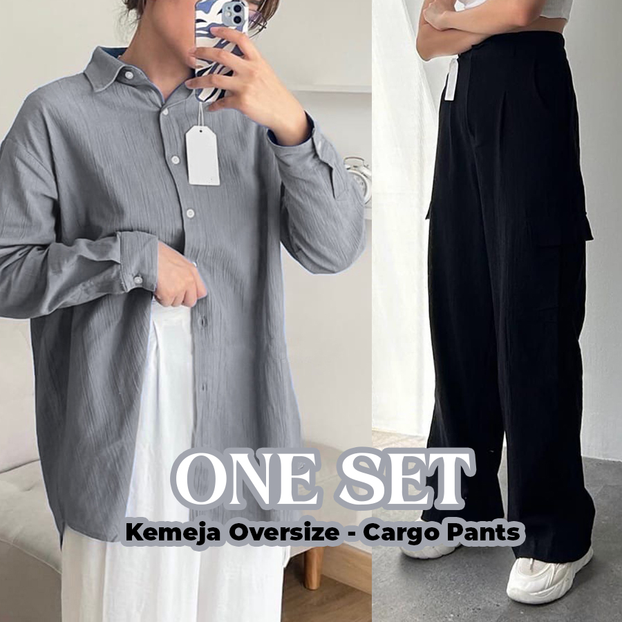[Bundling] One Set Celana Cargo Higwaist & Kemeja Oversize Linen Crinkle