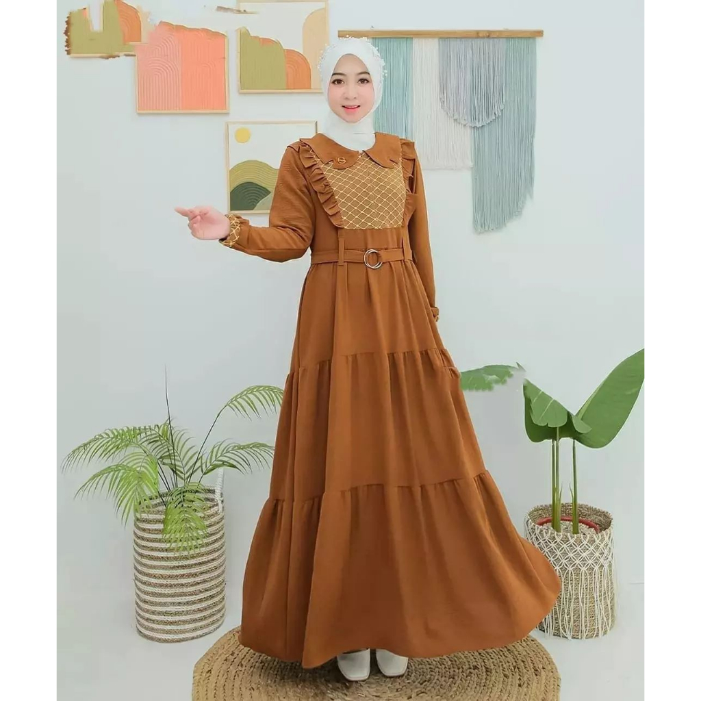 MONALISA LONG DRESS / Gamis Bahan Katun Crinkle Premium Aplikasi Renda Zipper Depan Busui Friendly