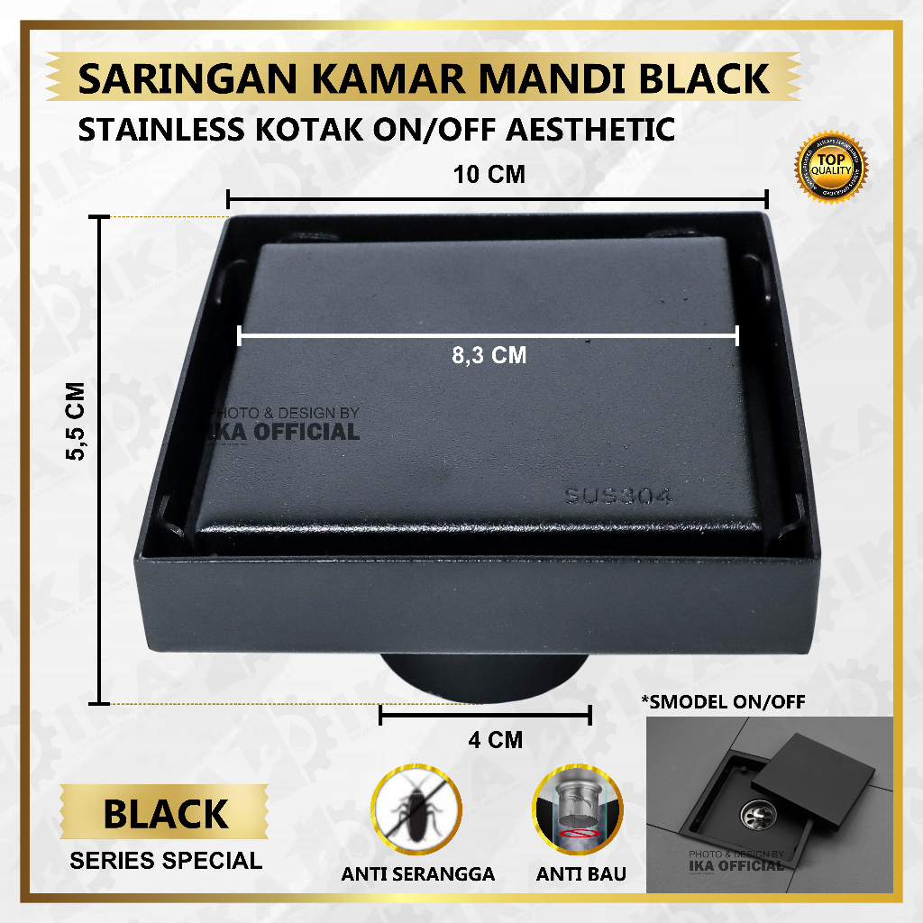 Smart Floor Drain Stainless SUS 304 Black Hitam saringan Got Anti banjir dan serangga Tile insert keramik Saringan Kamar Mandi Hitam Floor Drain Strainer Saringan Got Kamar Mandi Anti Bau / Kecoa / Tikus