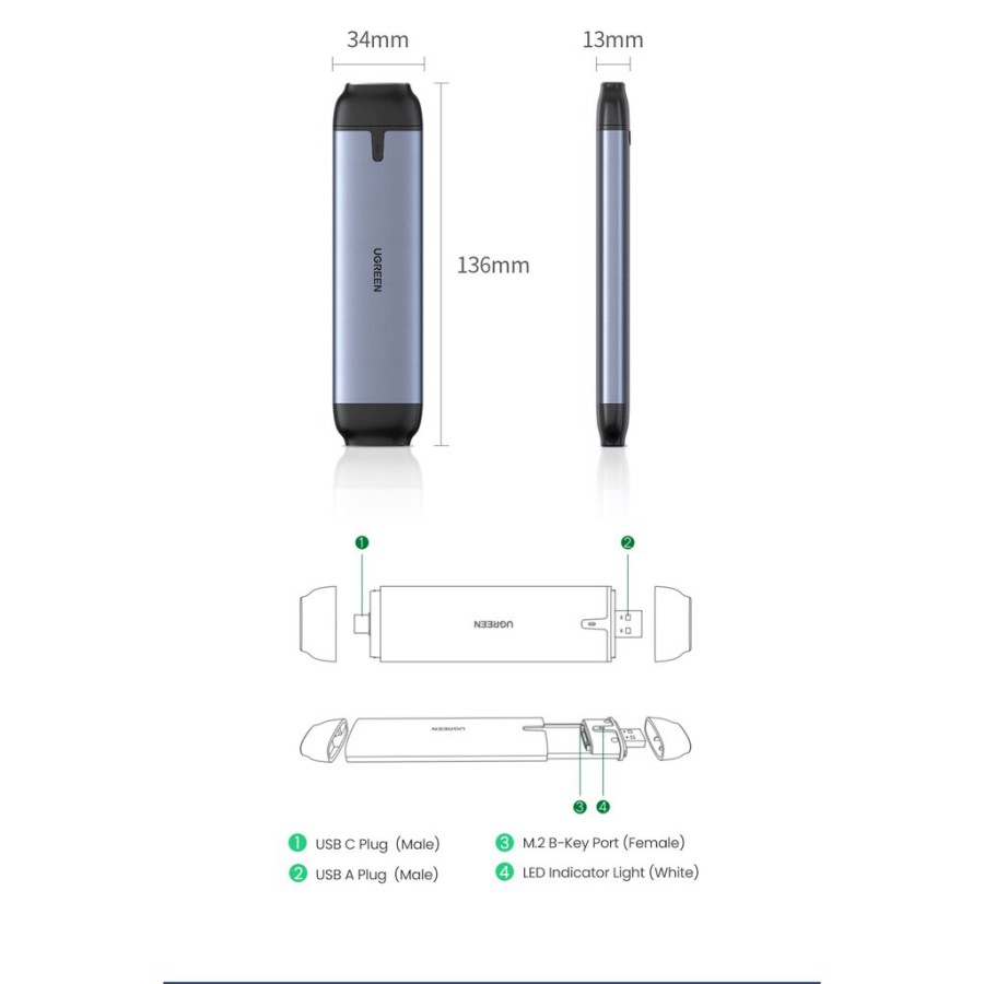 Enclosure Ssd UGreen Usb-C &amp; Usb-A to M.2 Sata (70533) - 70533