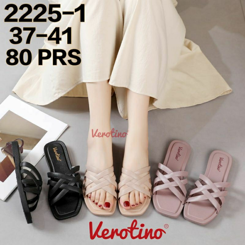 2225-1 Verotino Sandal Selop Wanita Tali Silang Karet Jelly Import Sendal Flat Motif Seling Anyam Cewek Slop Teplek Kokop Bahan PCU 2225 Sol Tipis Hitam Perempuan Impor Terbaru Nyaman Dipakai Cantik Murah