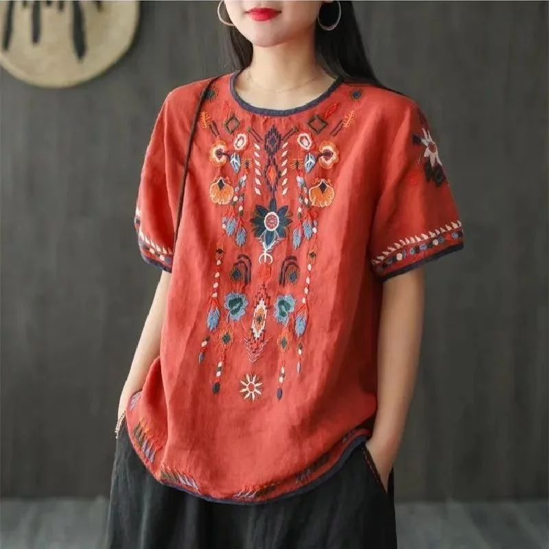 Atasan Wanita Kekinian Divya Blouse Bohemian Bordir Etnic Atasan Lengan Pendek Katun Kemeja Katun Linen Adem Nyaman Dipakai Sehari Hari OOTD Keren Pakaian Wanita