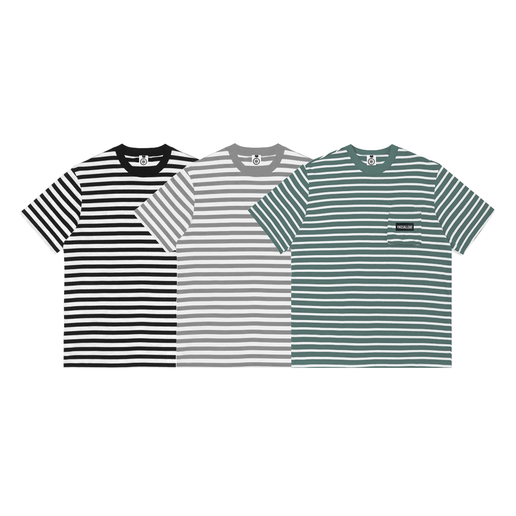 STRIPE T-SHIRT POCKET | BLACK WHITE | MISTY WHITE | SAGE WHITE | YIKESALLDAY