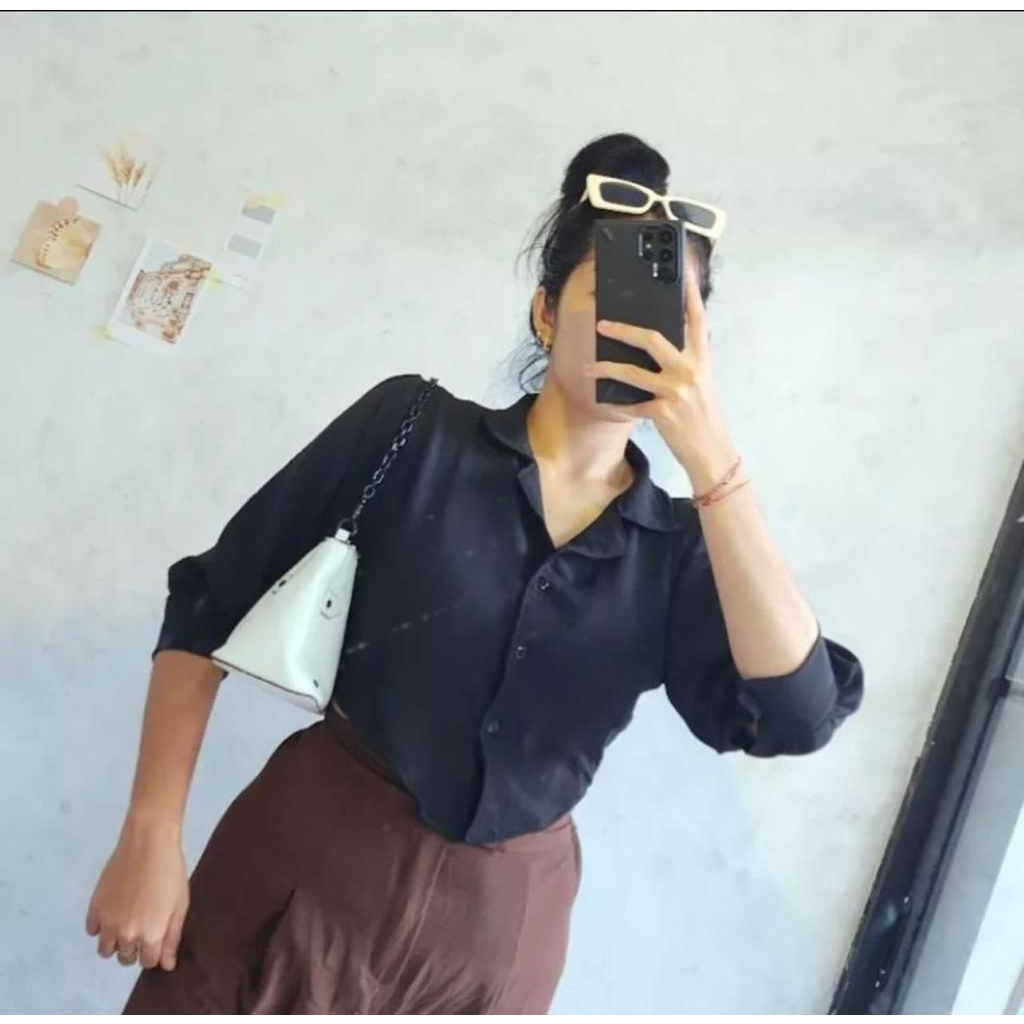Yonna Kemeja Puff Chia Crop Top  Lancip Crincle Airflow / Bella Crop Atasan Wanita Bahan Crincle